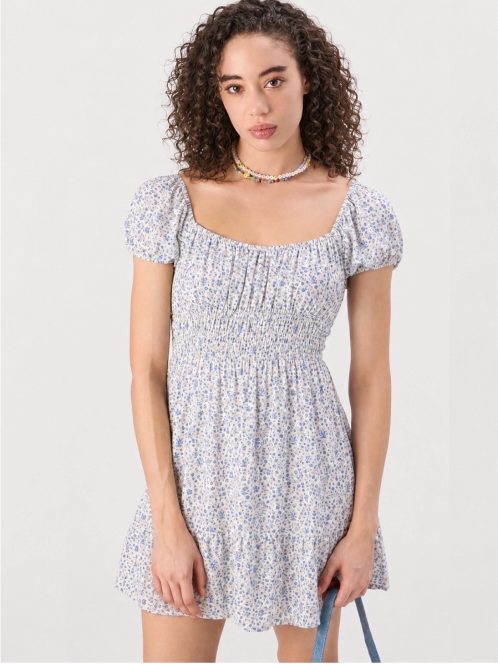 Hollister Light Blue and White Floral Smocked Mini Dress